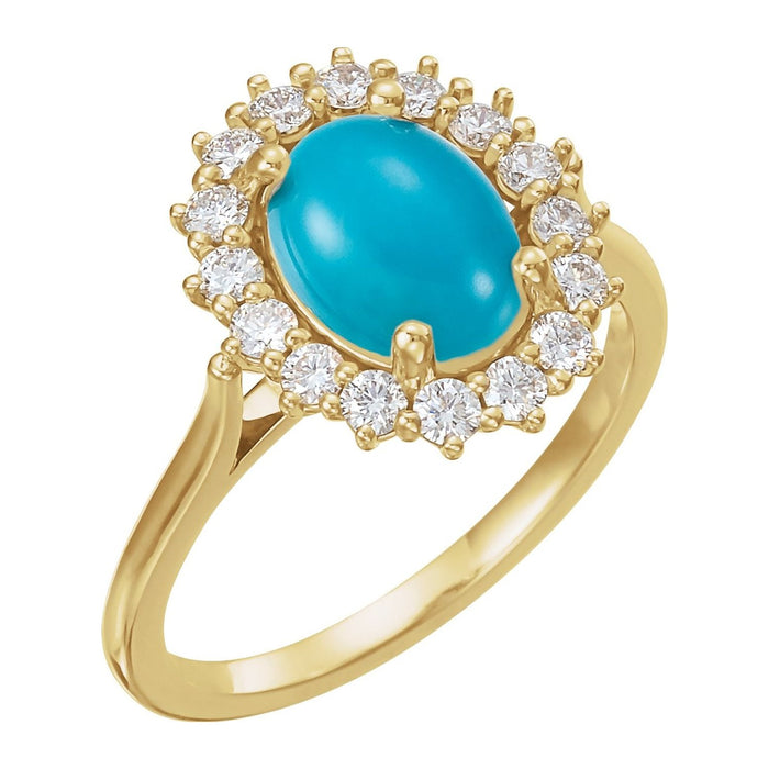 Oval Turquoise Ring with Diamond Halo in 14K Yellow Gold, 6x4 mm · 1/5 ctw