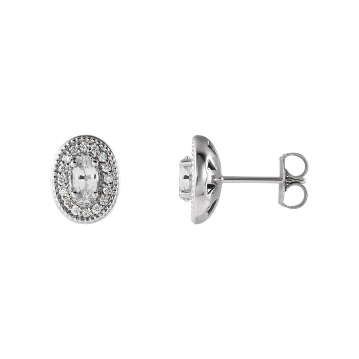 14K White Gold 5 x 3 mm oval diamond halo white sapphire stud earrings