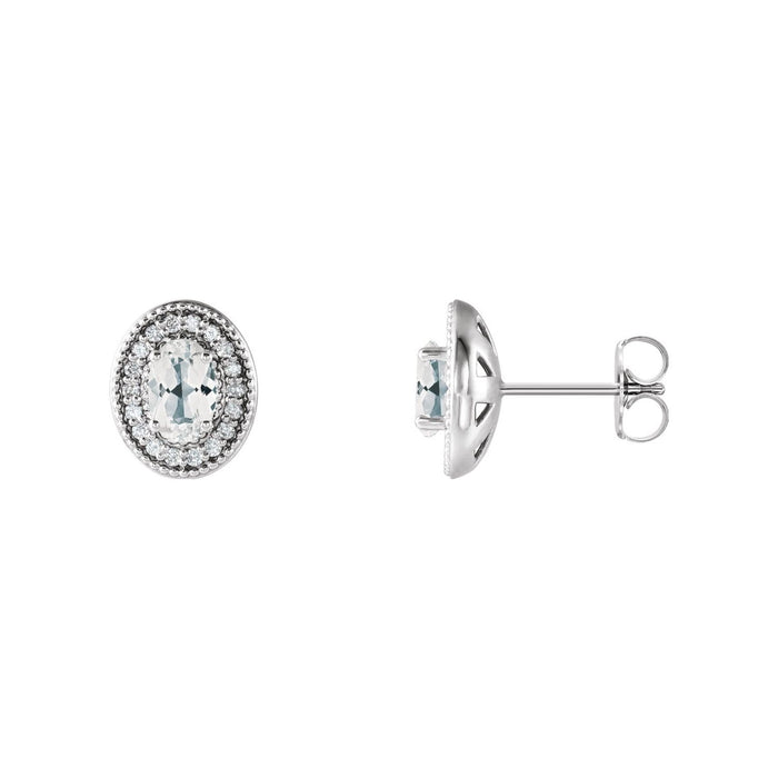 14K White Gold 6 x 4 mm oval diamond halo white sapphire stud earrings