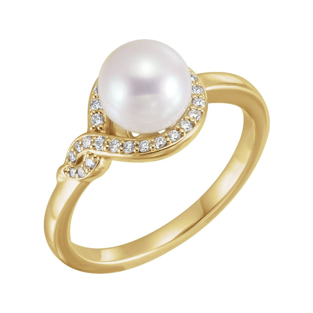 14K Yellow Gold Pave Bypass Pearl Ring with a cultured freshwater pearl, natural diamond accents