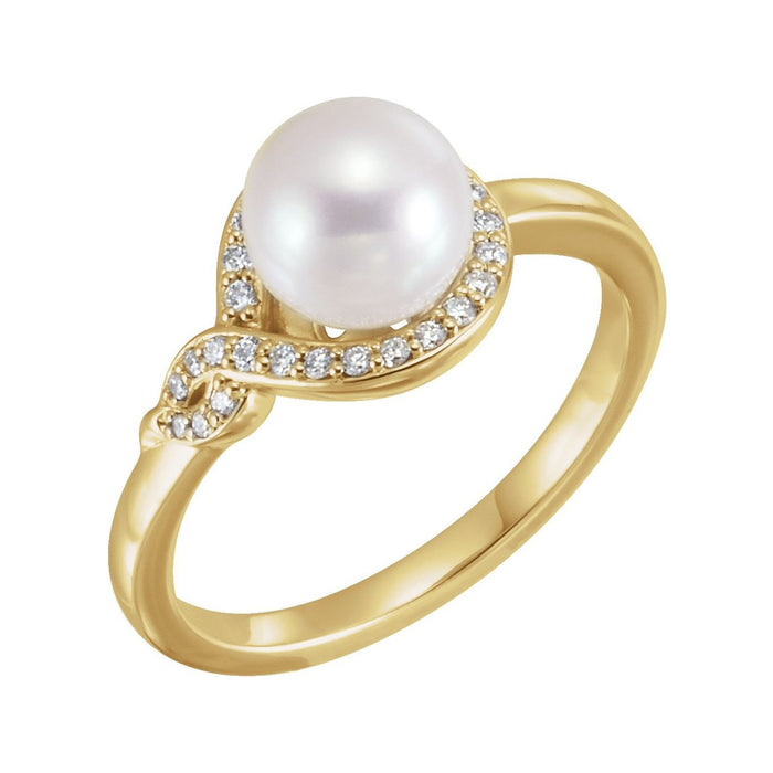 14K Yellow Gold Pave Bypass Pearl Ring with a cultured freshwater pearl, natural diamond accents