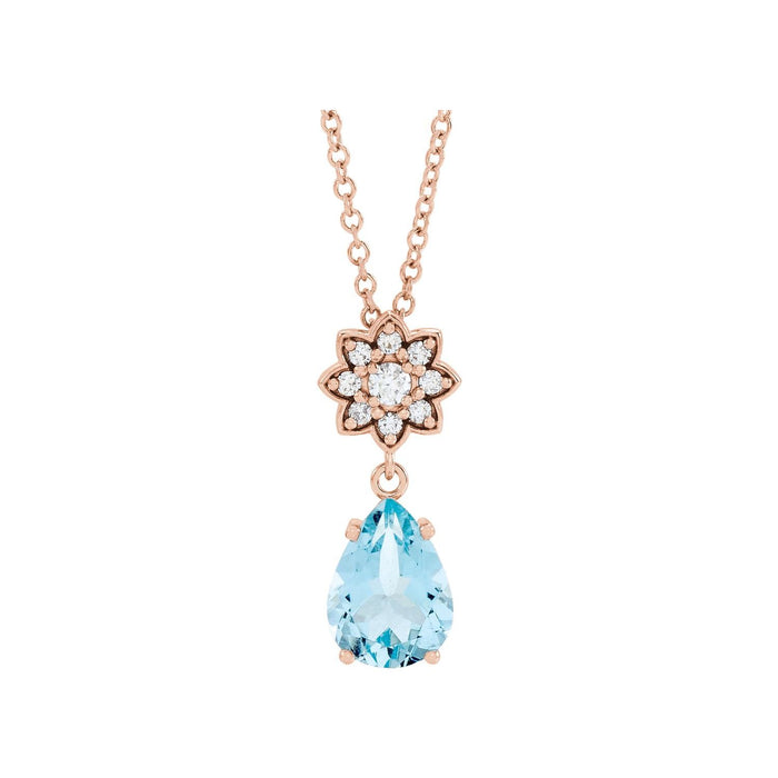 Pear Aquamarine Necklace, Diamond Drop in 14K Rose Gold