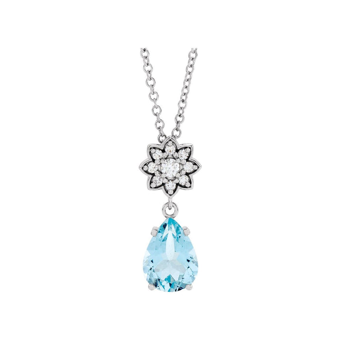Pear Aquamarine and Diamond Drop Necklace in 14K White Gold on a 16 to 18 inch adjustable gold cable chain