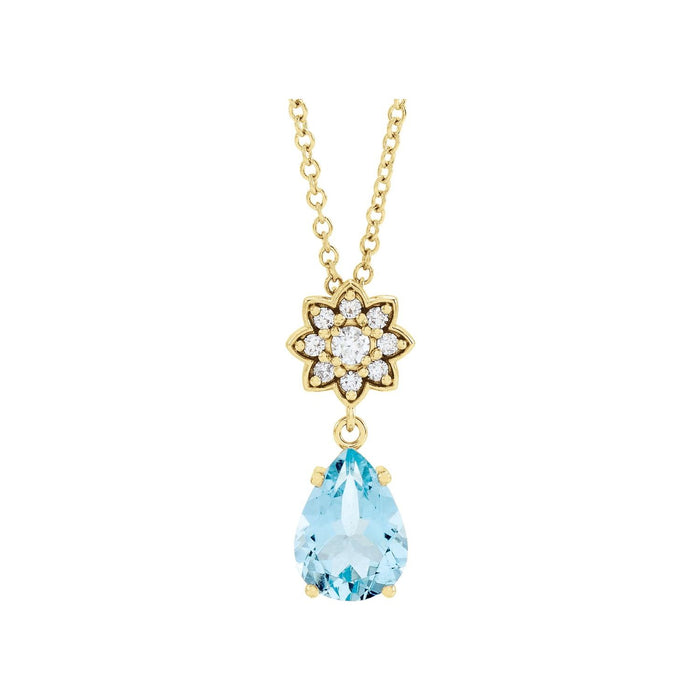 Pear Aquamarine Necklace, Diamond Drop in 14K Yellow Gold