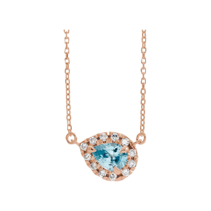Pear Aquamarine Necklace, Diamond Halo in 14K Rose Gold