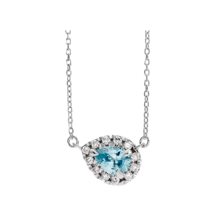 Pear Aquamarine and Diamond Halo Necklace in 14K White Gold on a 16 or 18 inch gold cable chain