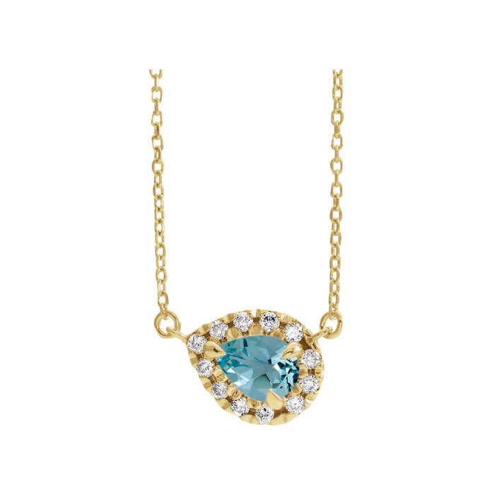 Pear Aquamarine Necklace, Diamond Halo in 14K Yellow Gold