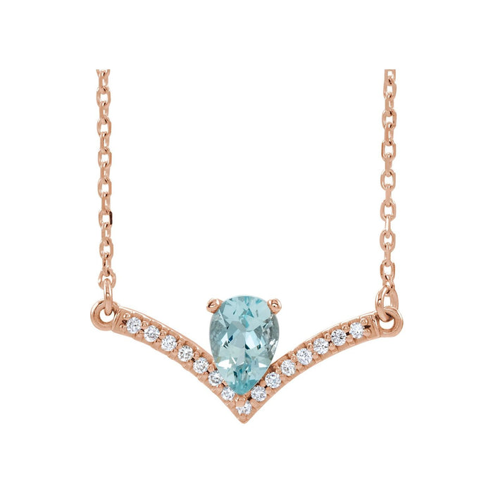 Pear Aquamarine Necklace, Diamond V Bar in 14K Rose Gold