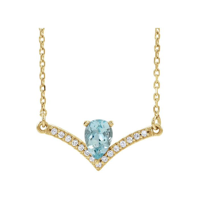Pear Aquamarine Necklace, Diamond V Bar in 14K Yellow Gold