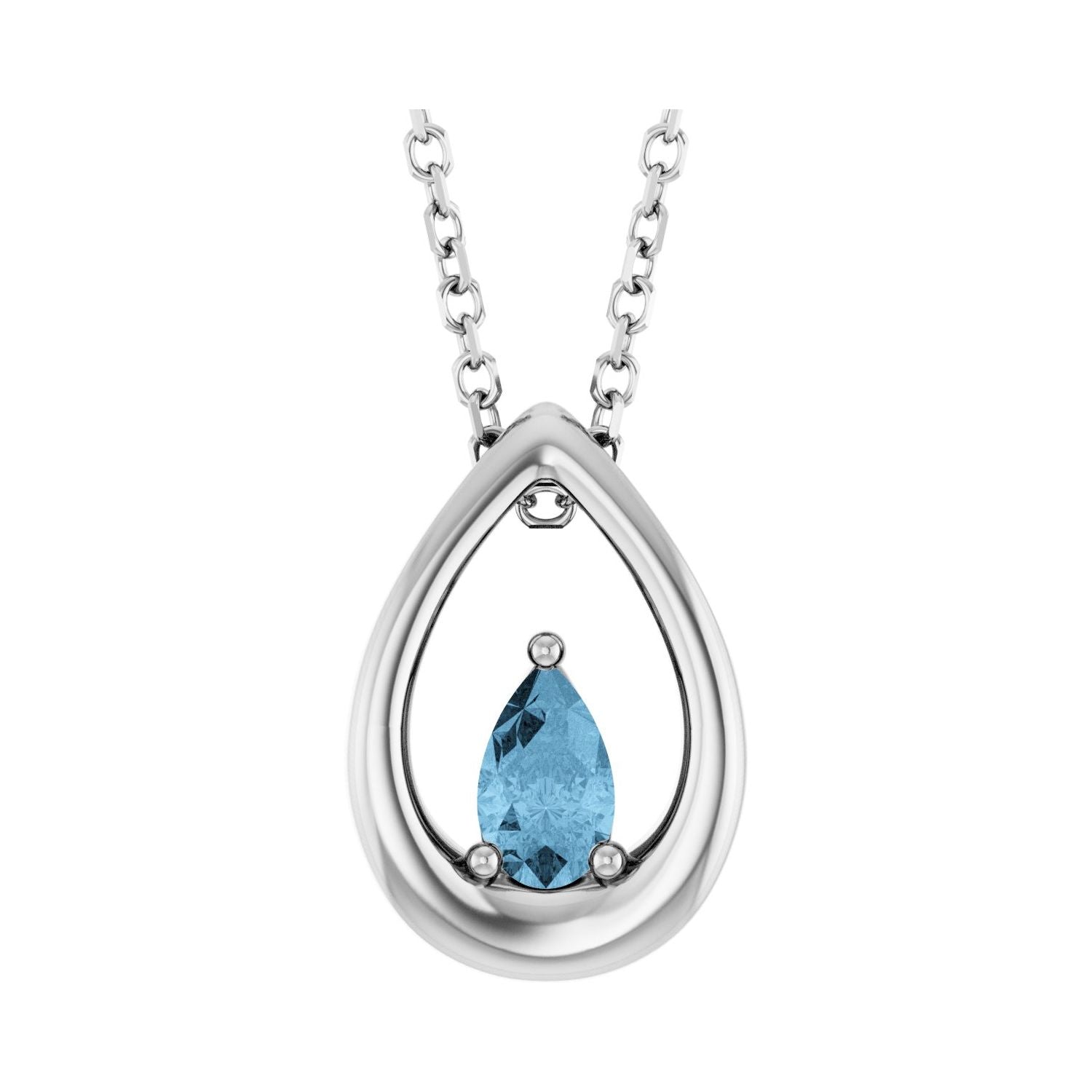 14K White Gold pear sky blue topaz necklace suspended in an open teardrop frame