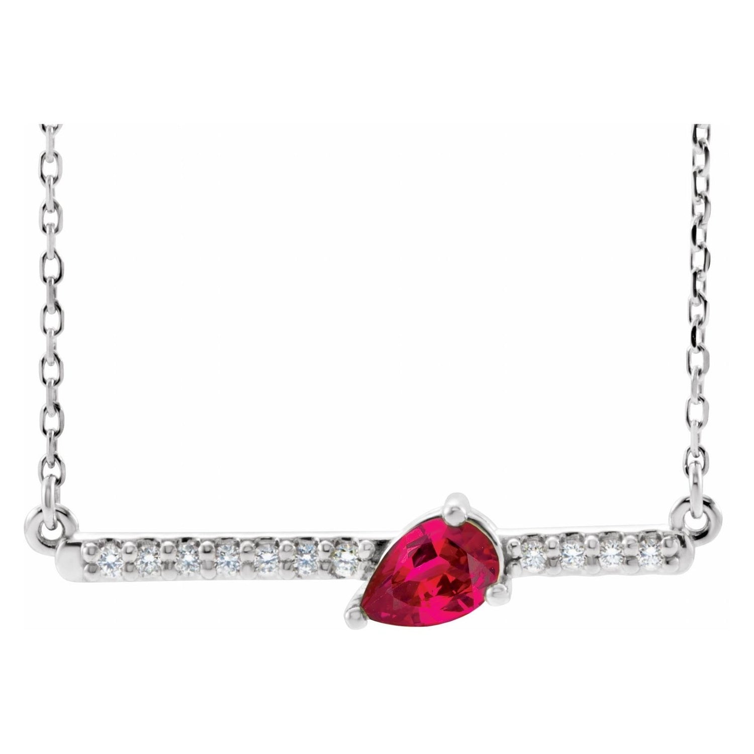14K White Gold pear diamond bar natural ruby necklace with a 6 x 4 mm pear natural ruby and pavé natural diamond bar