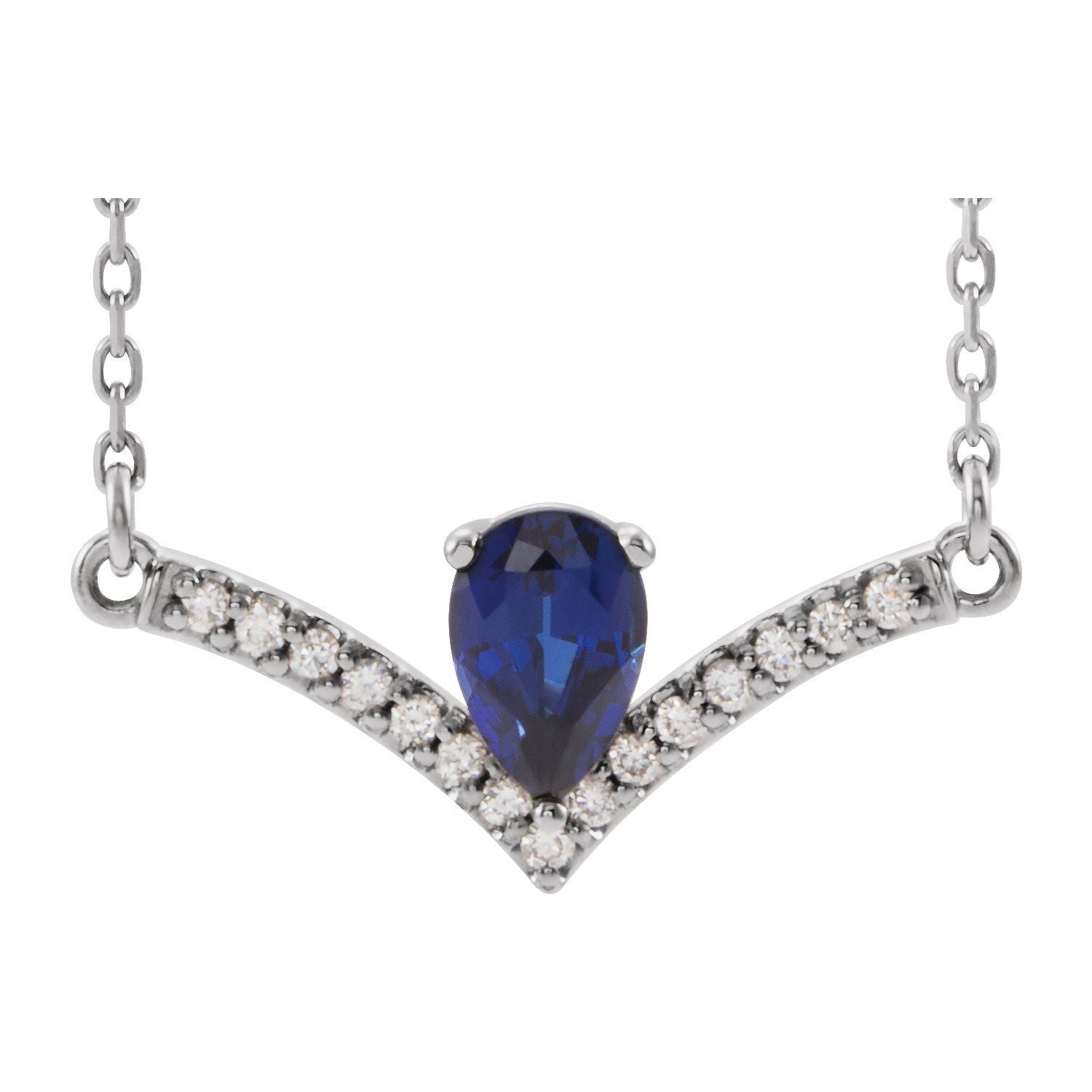 14K White Gold natural blue sapphire pear sapphire at the apex of a diamond-pave chevron