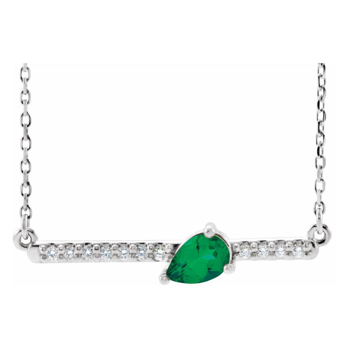 14K White Gold pear emerald and diamond long bar necklace