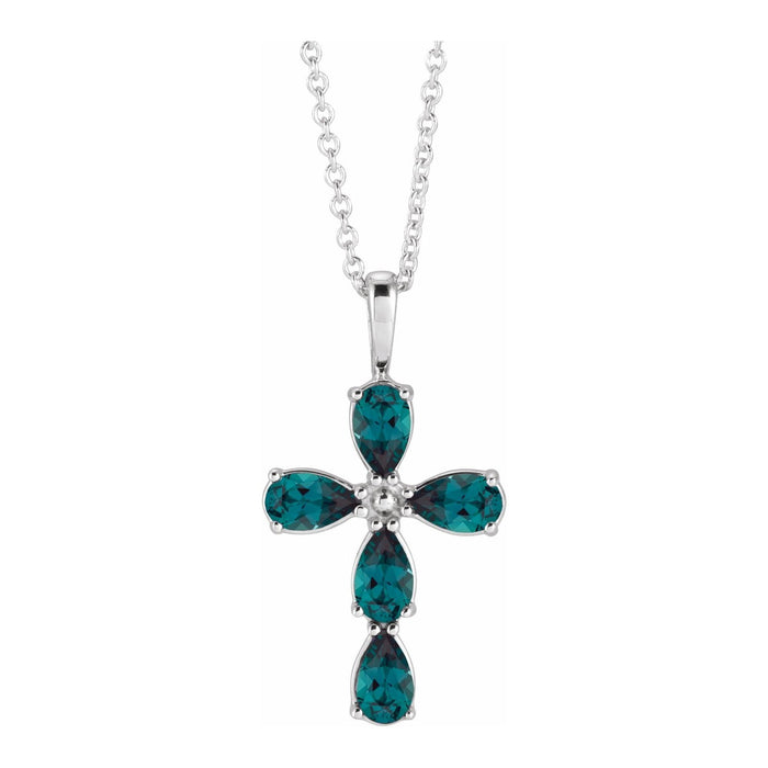 Pear Lab-Grown Alexandrite Cross Necklace in 14K White Gold
