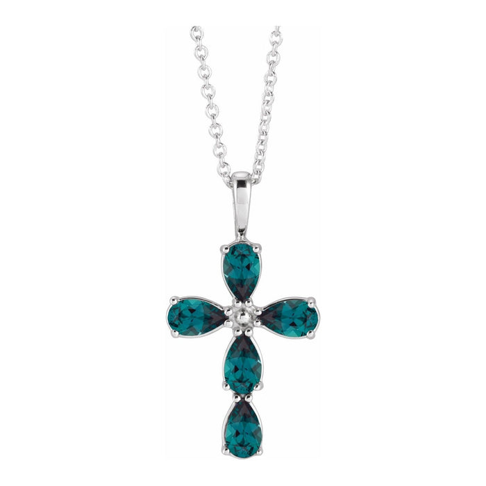 Pear Lab-Grown Alexandrite Cross Pendant in 14K White Gold