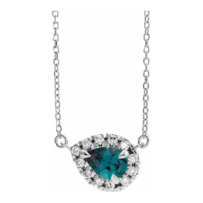 Pear Lab-Grown Alexandrite Halo Pendant in 14K White Gold