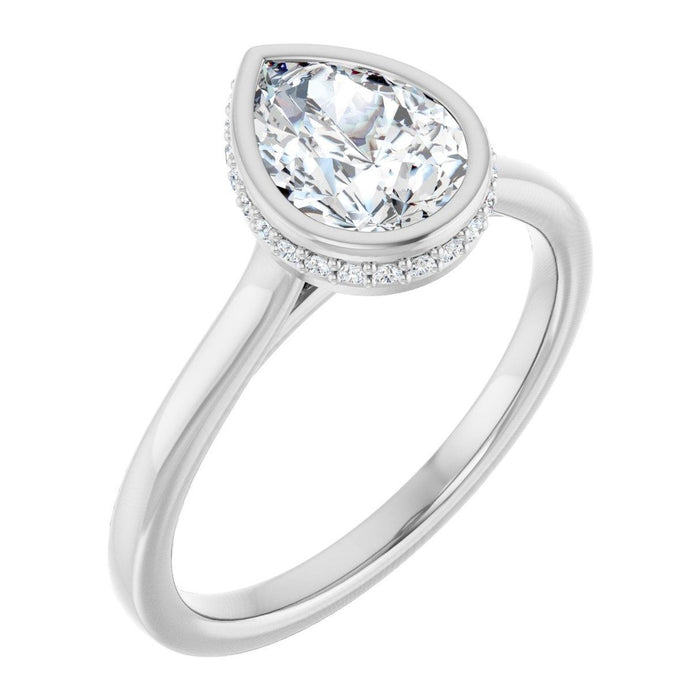Pear Lab-Grown Diamond Bezel-Set Hidden-Halo Solitaire engagement ring in 14K White Gold, shown with a 1.10 ct center