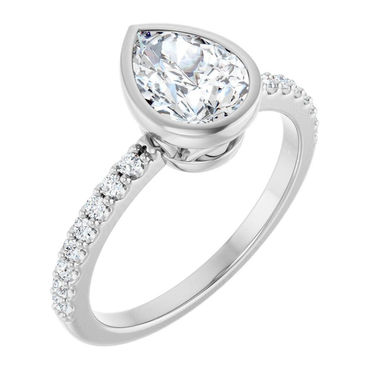 Pear Lab-Grown Diamond Bezel-Set Pavé Solitaire engagement ring in 14K White Gold, shown with a 1.10 ct center