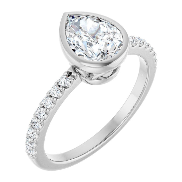 Pear Lab-Grown Diamond Bezel-Set Pavé Solitaire engagement ring in 14K White Gold, shown with a 1.10 ct center