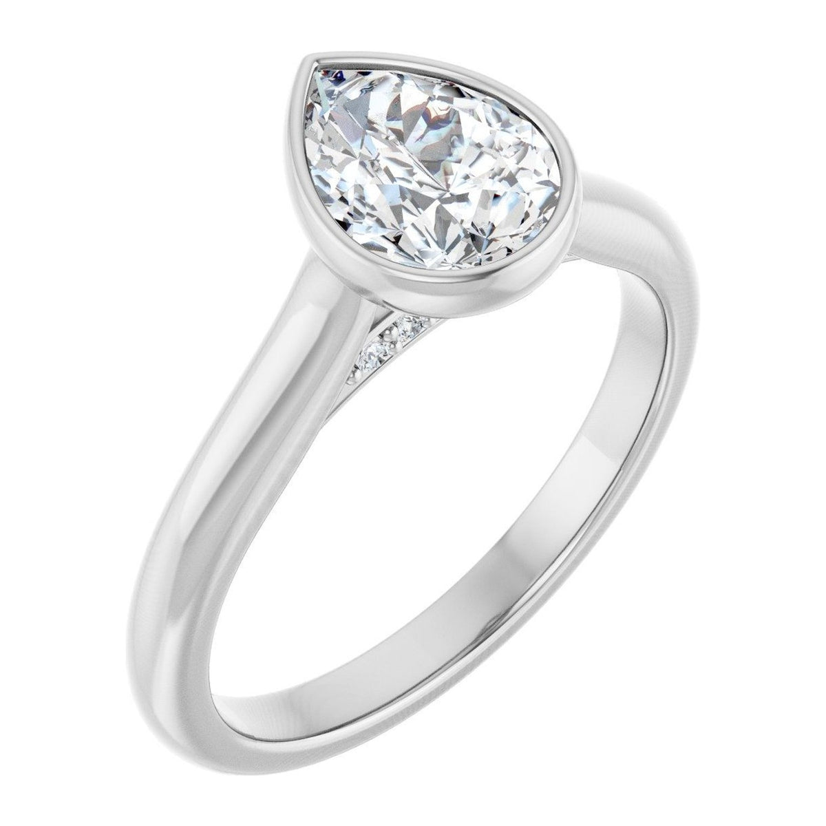 Pear Lab-Grown Diamond Bezel-Set Solitaire engagement ring in 14K White Gold, shown with a 1.10 ct center