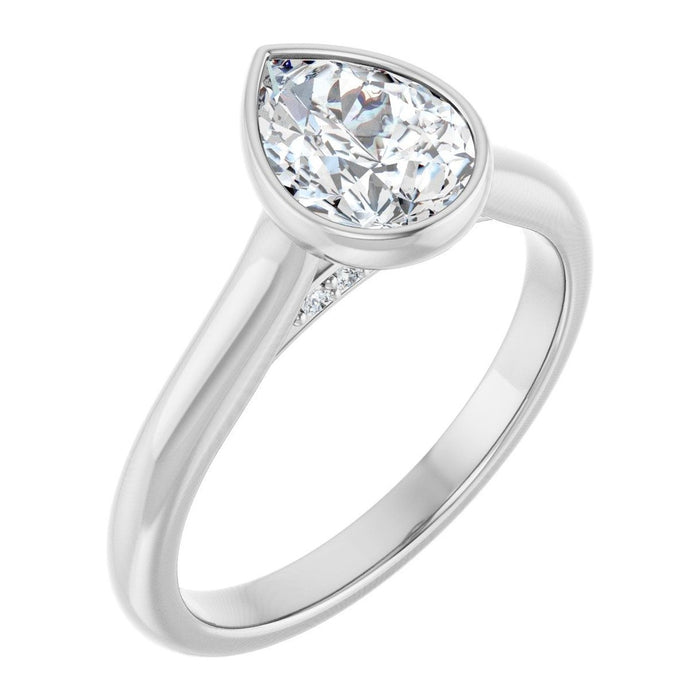 Pear Lab-Grown Diamond Bezel-Set Solitaire engagement ring in 14K White Gold, shown with a 1.10 ct center