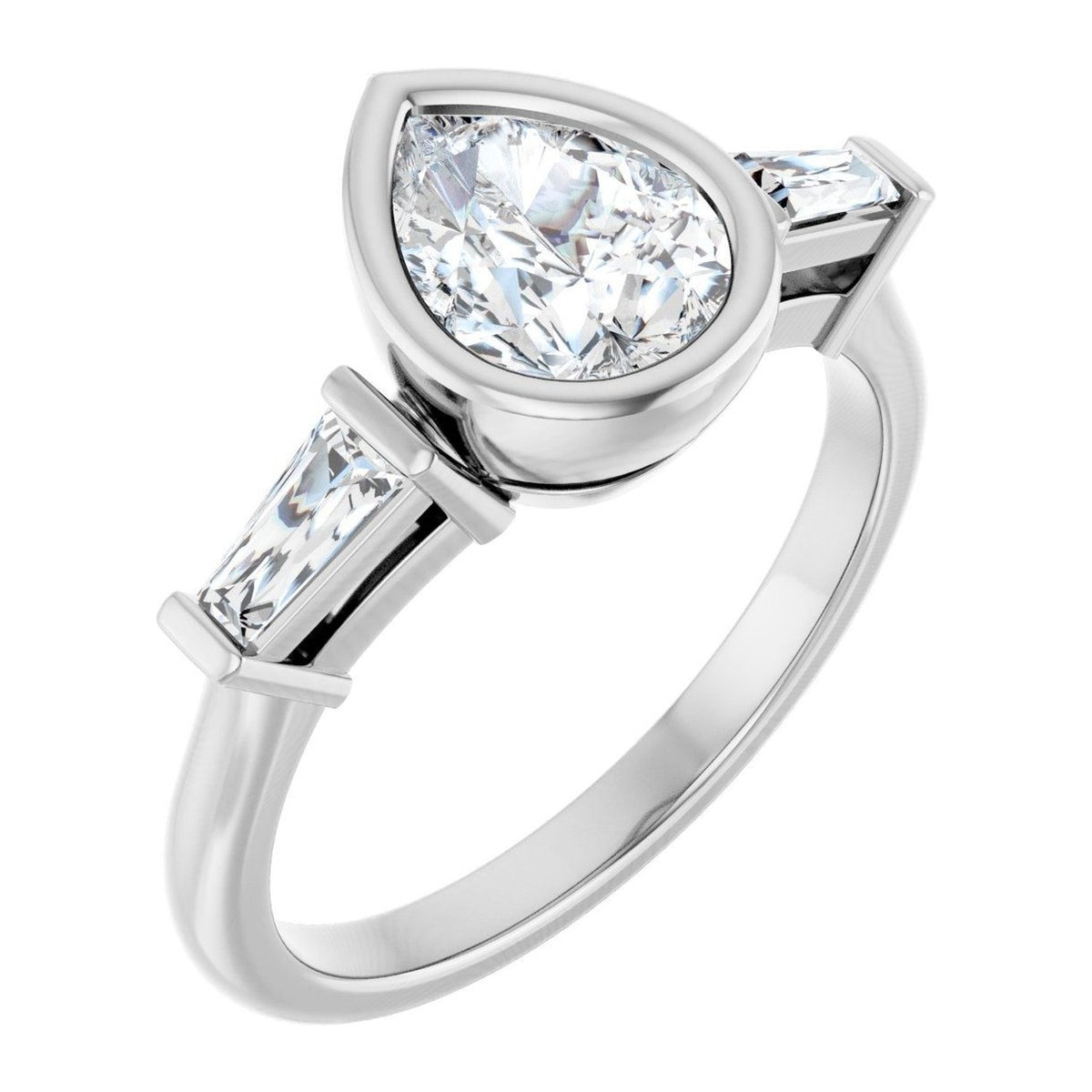 Pear Lab-Grown Diamond Bezel Tapered-Baguette Three-Stone engagement ring in 14K White Gold, shown with a 1.10 ct center