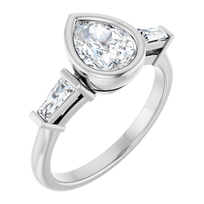 Pear Lab-Grown Diamond Bezel Tapered-Baguette Three-Stone engagement ring in 14K White Gold, shown with a 1.10 ct center