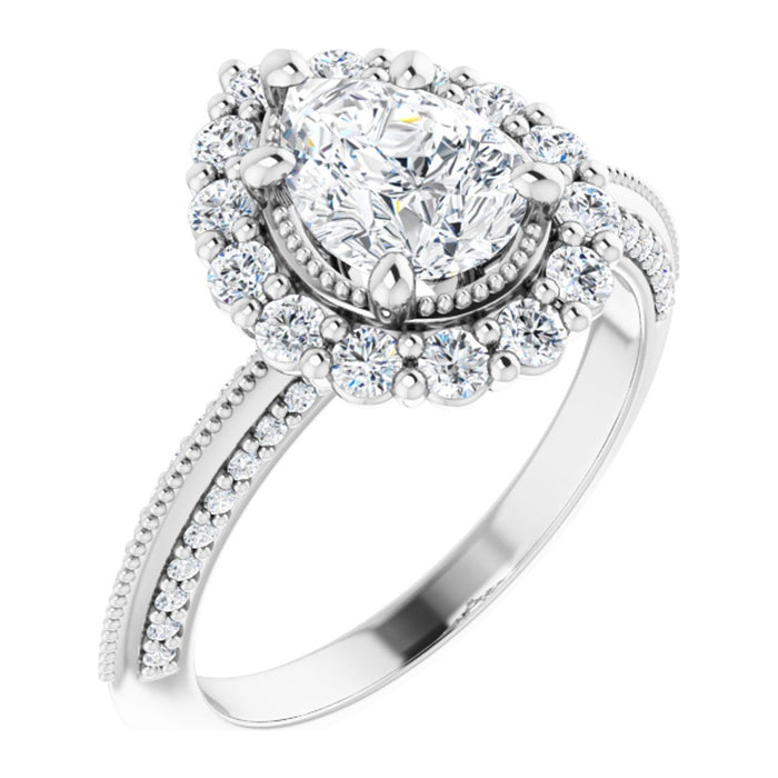 Pear Lab-Grown Diamond Vintage Milgrain Halo engagement ring in 14K White Gold, shown with a 1.10 ct center
