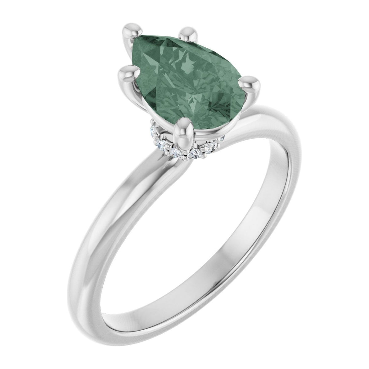 Pear lab-grown green sapphire hidden-halo solitaire engagement ring in 14K White Gold, shown with a 9 x 6 mm center