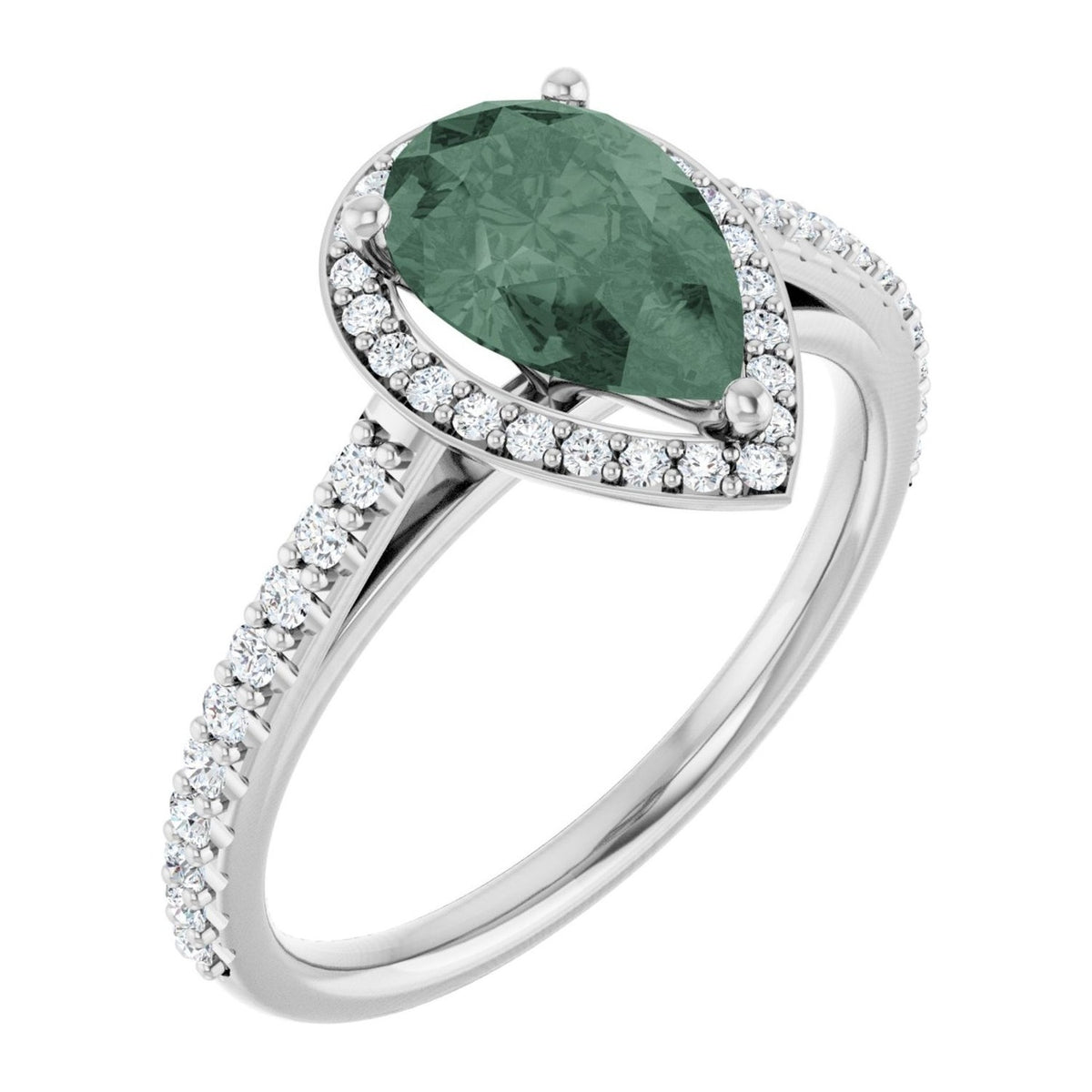 Pear lab-grown green sapphire pavé halo engagement ring in 14K White Gold, shown with a 9 x 6 mm center