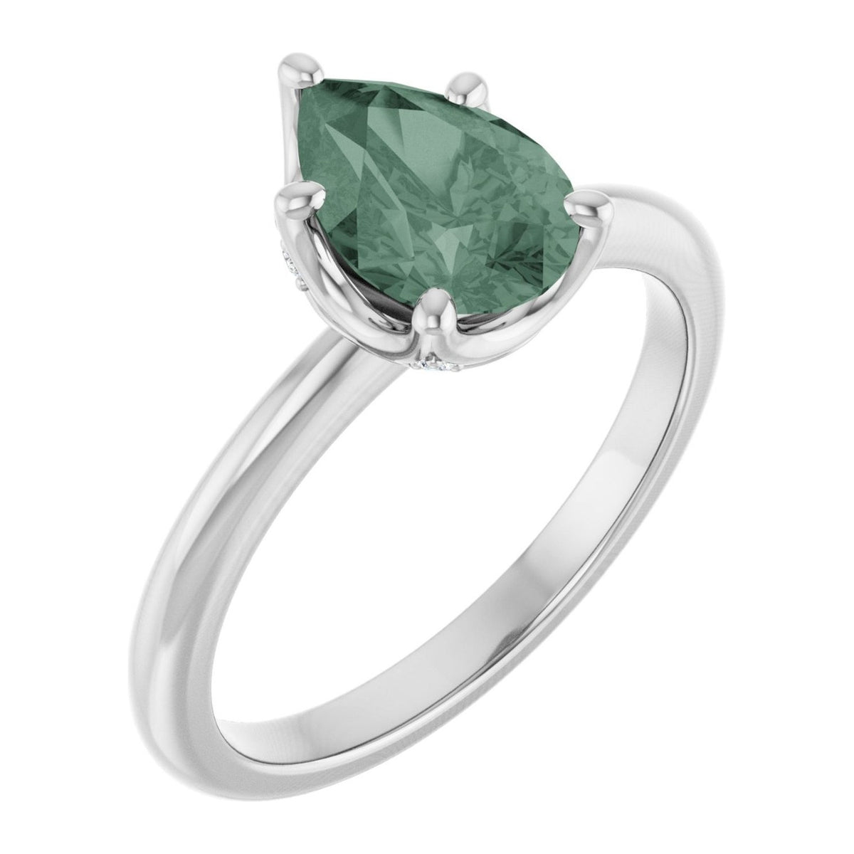 Pear lab-grown green sapphire petite solitaire engagement ring in 14K White Gold, shown with a 9 x 6 mm center