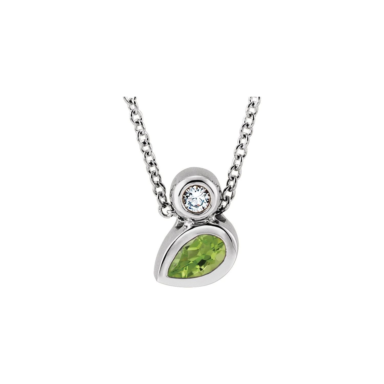 14K White Gold pear-shaped peridot necklace with a bezel-set diamond above