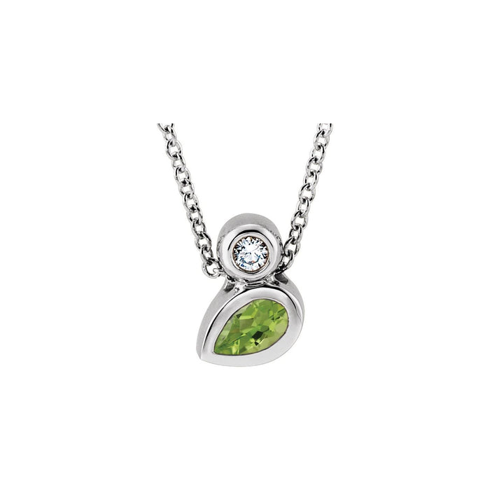 14K White Gold pear-shaped peridot necklace with a bezel-set diamond above