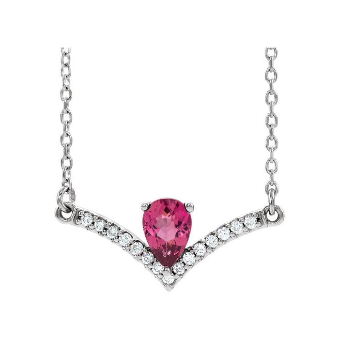 Pear Pink Tourmaline and Diamond V Bar Necklace in 14K White Gold on a 16 or 18 inch gold cable chain