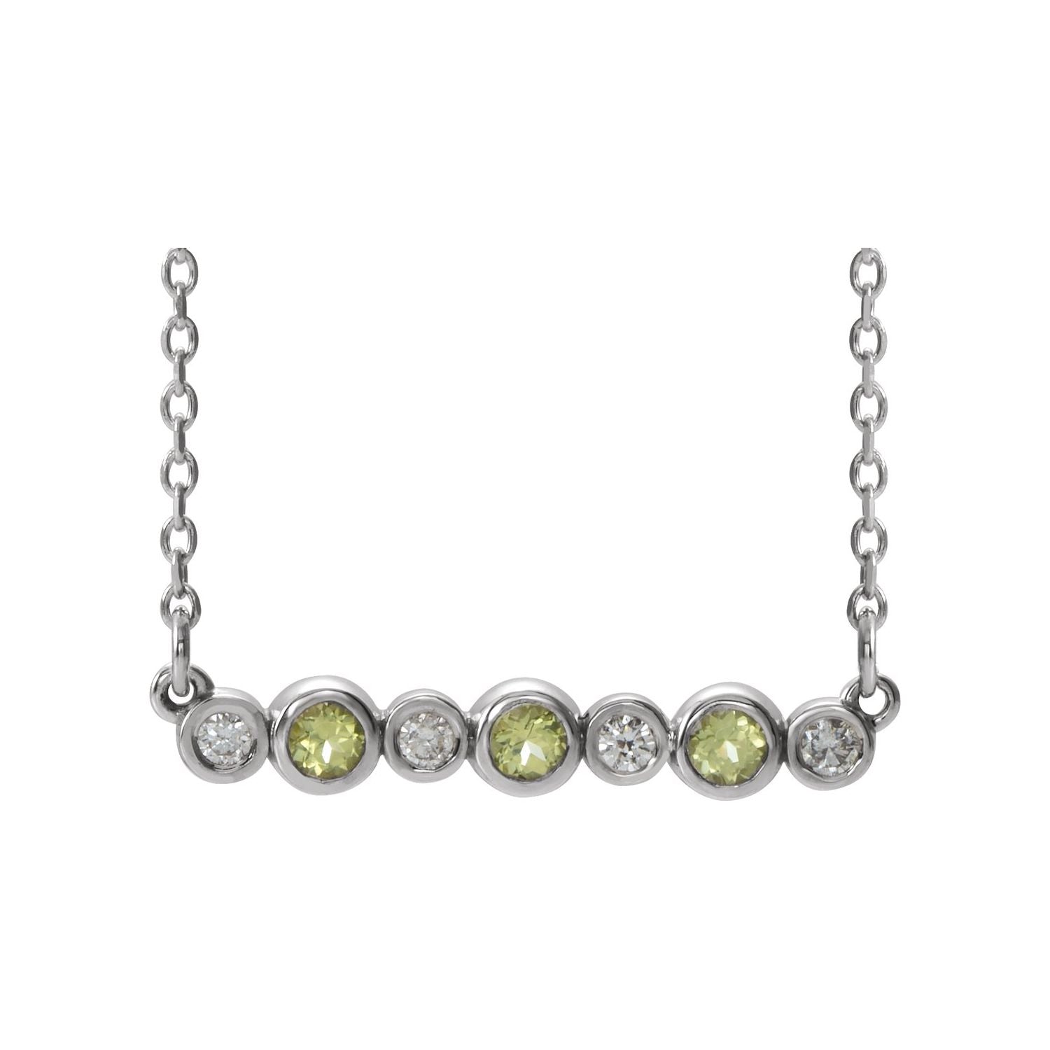14K White Gold peridot and diamond bezel pendant, solid gold