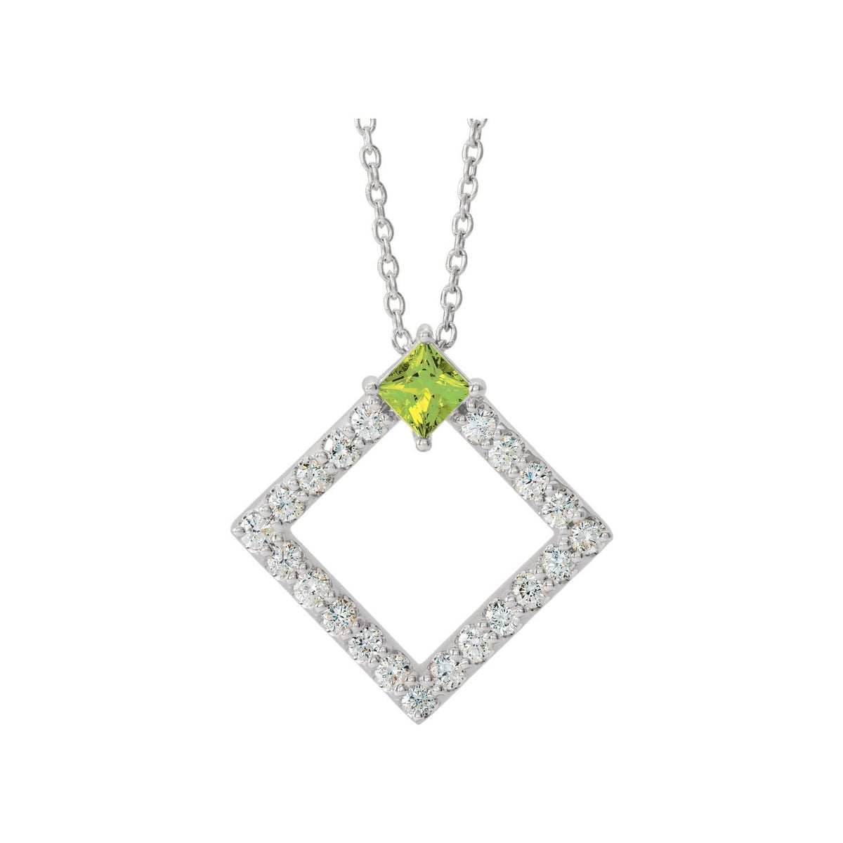 Peridot & Diamond Open Square Pendant in 14K White Gold