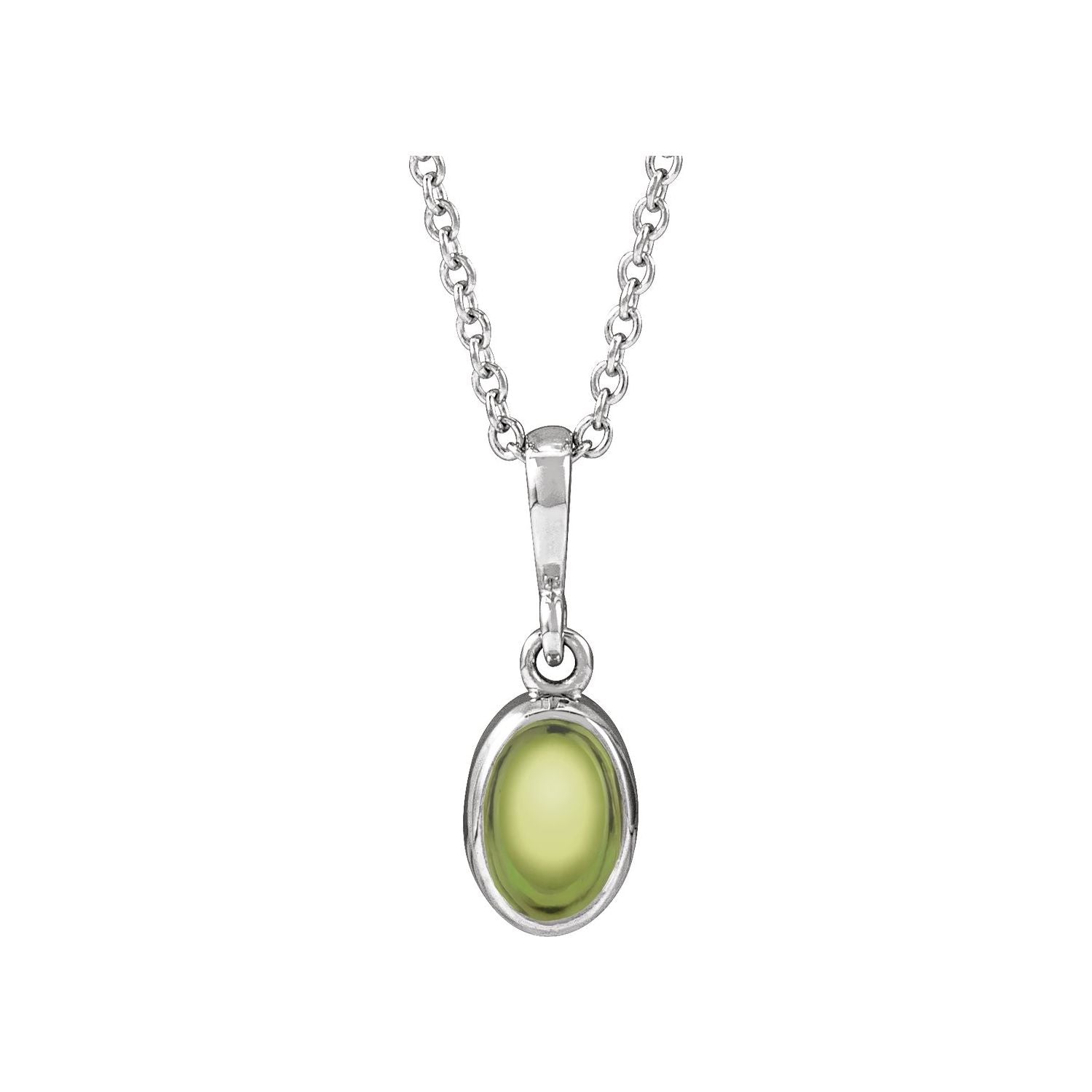 14K White Gold peridot cabochon necklace with a bezel-set oval dome