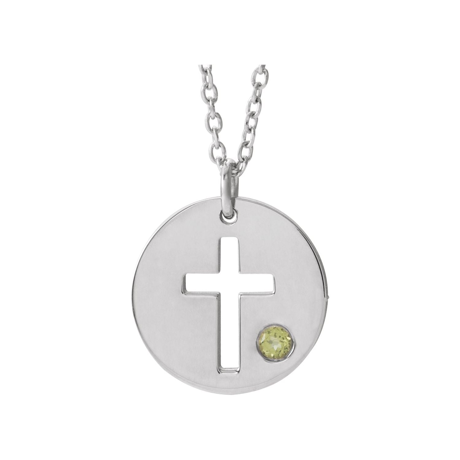 14K White Gold peridot pierced cross disc pendant, solid gold