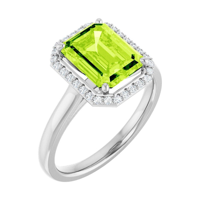 Emerald 2 ct peridot 14K White Gold classic halo engagement ring