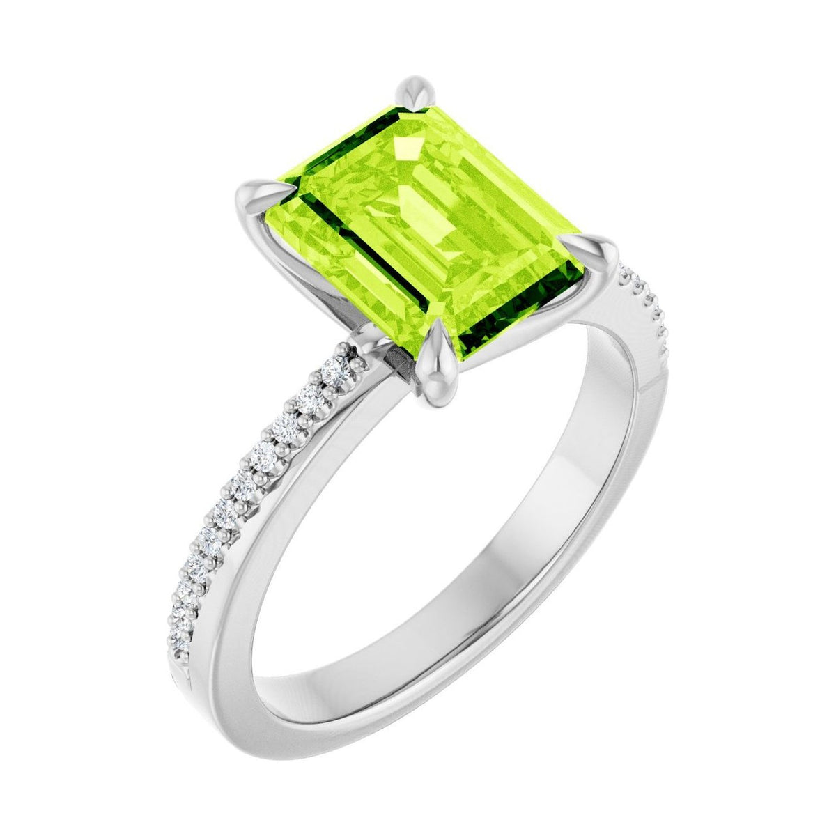 Emerald 2 ct peridot 14K White Gold claw-prong pavé engagement ring
