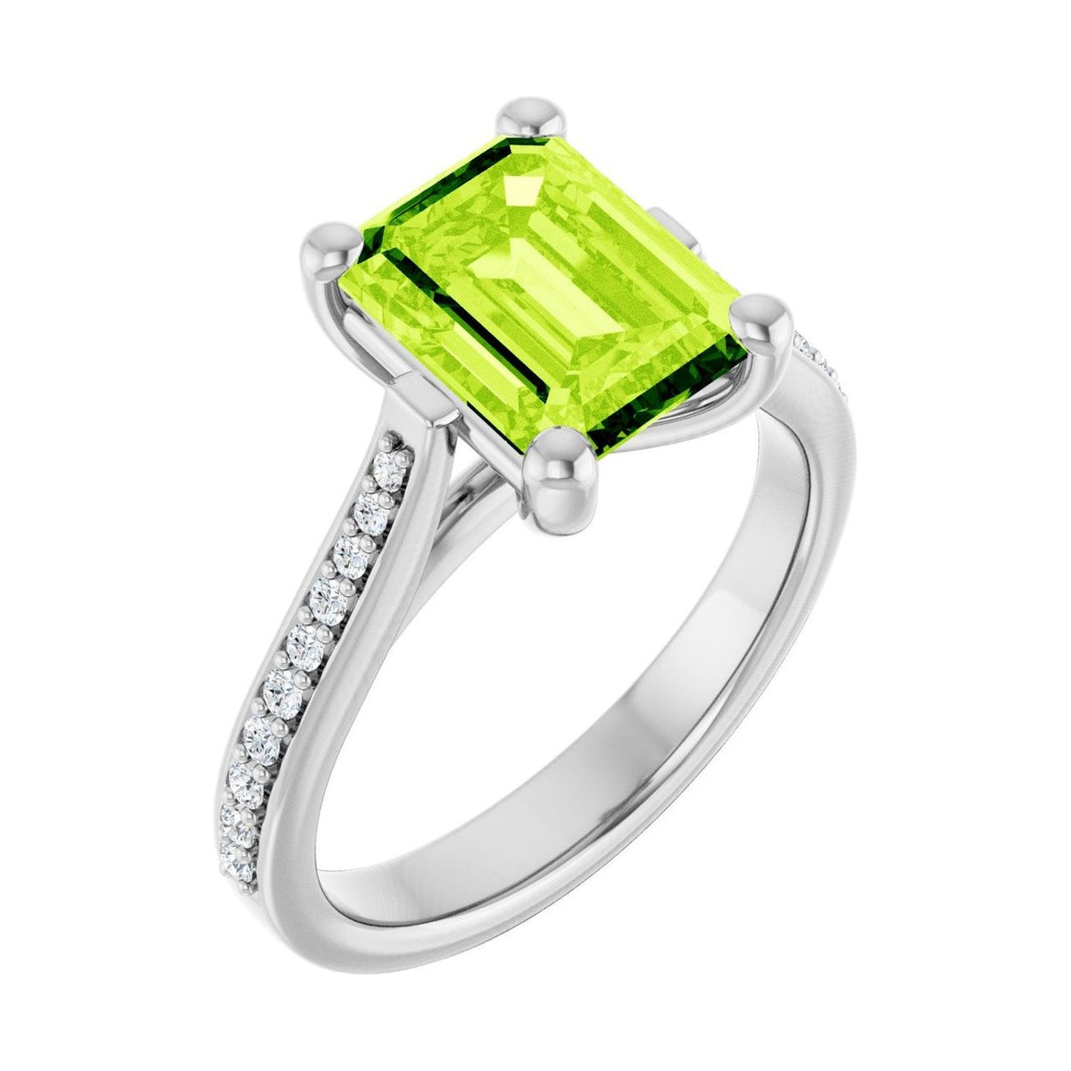 Emerald 2 ct peridot 14K White Gold french pavé solitaire engagement ring