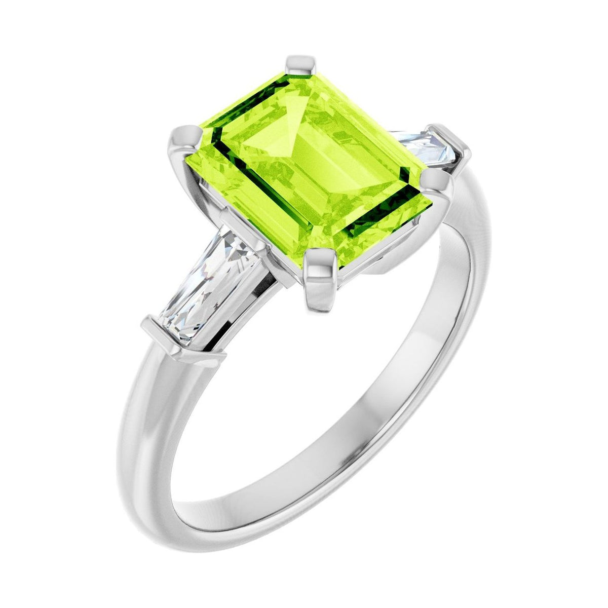 Emerald 2 ct peridot 14K White Gold tapered baguette three-stone engagement ring