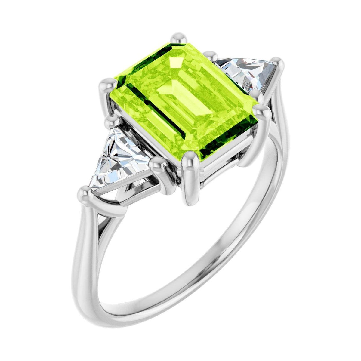 Emerald 2 ct peridot 14K White Gold trillion three-stone engagement ring