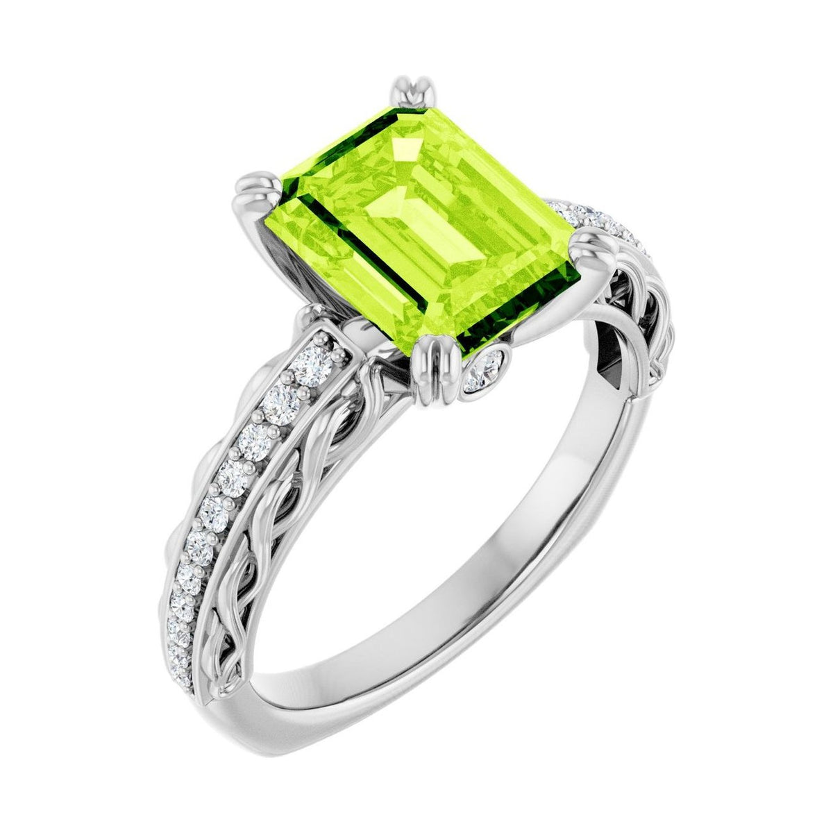 Emerald 2 ct peridot 14K White Gold twisted vine solitaire engagement ring