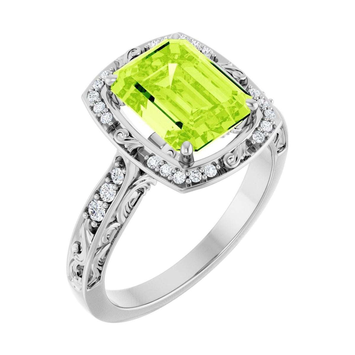 Emerald 2 ct peridot 14K White Gold vintage scroll halo engagement ring