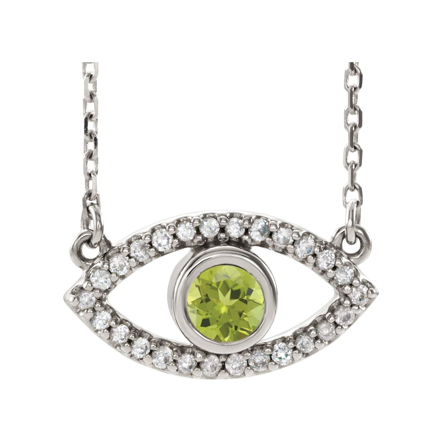 14K White Gold peridot evil eye necklace with a pave sapphire surround