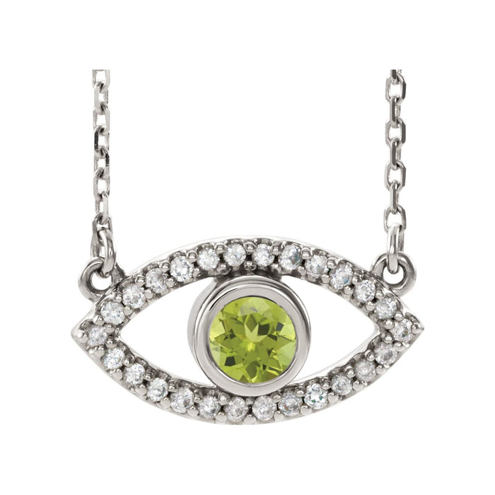 14K White Gold peridot evil eye necklace with a pave sapphire surround