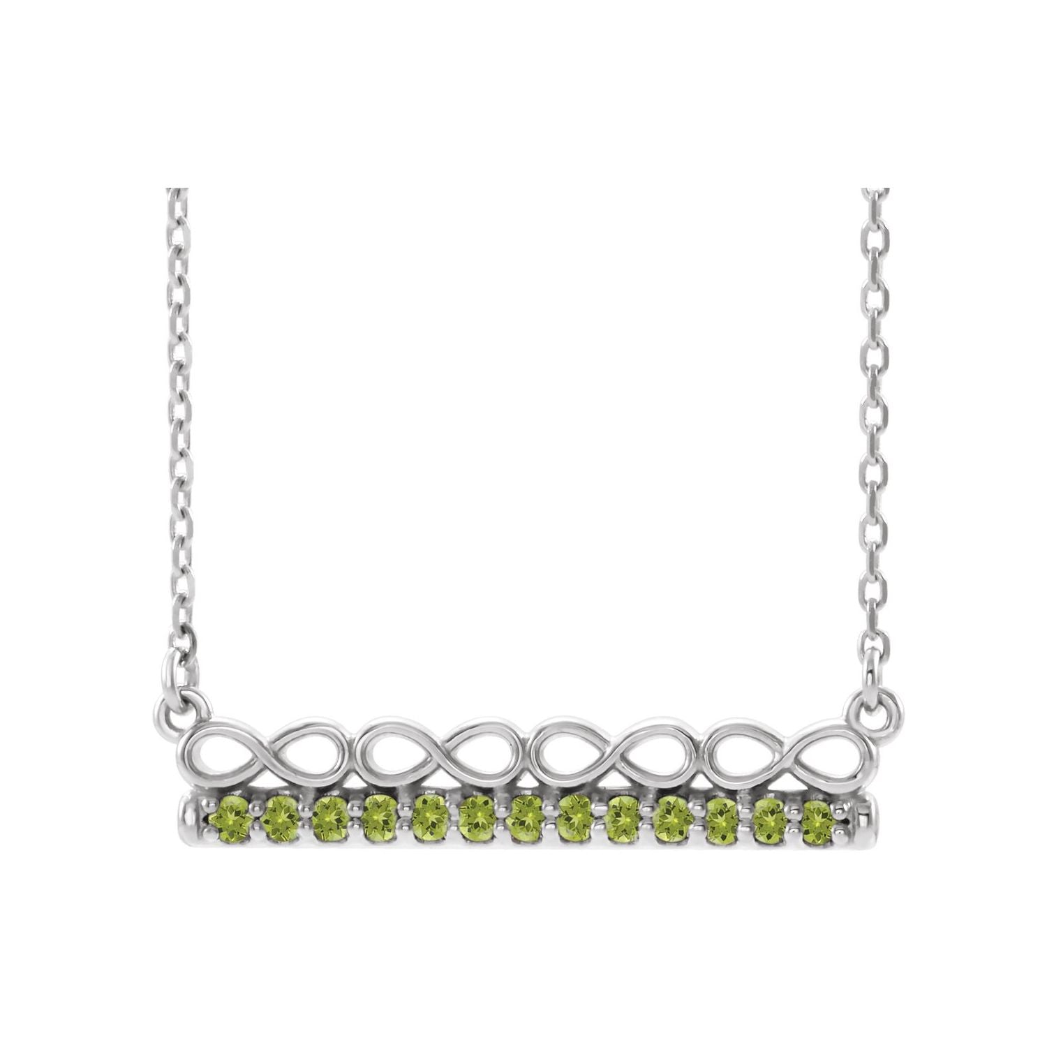 14K White Gold peridot infinity bar pendant, solid gold