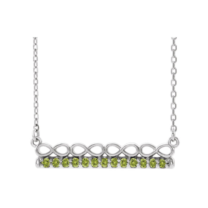 14K White Gold peridot infinity bar pendant, solid gold