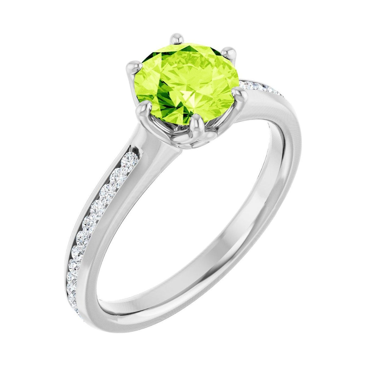 Round 2 ct peridot 14K White Gold accented shoulder engagement ring